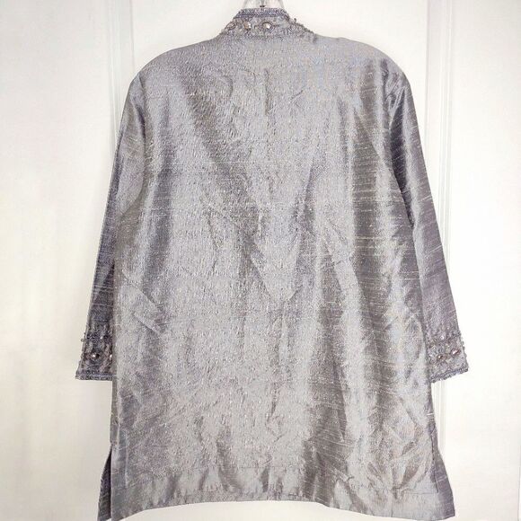 Vintage Neiman Marcus Silver Top Pullover V Neck Silk LS Beaded M - Picture 2 of 10
